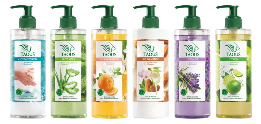 Savons liquides Taous 470 ml, six senteurs